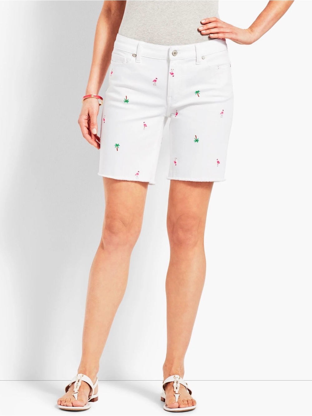 🌴🦩Talbots White Denim 7” Mid-rise Shorts Pink Flamingo & Green Palm Embroidery - Picture 4 of 11